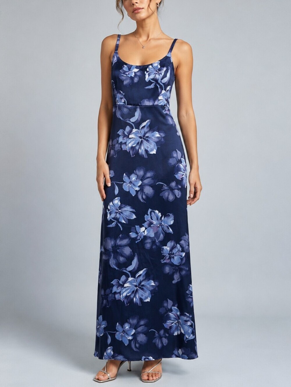 Miss Dorby Vintage Satin Navy Blue Floral Slip Maxi Dress, Wedding Guest - Picture 2 of 15
